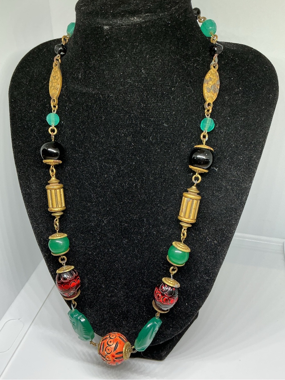 Art Deco Czech Uranium Glass Tribal Face & Lacquer Bead Necklace, 1920s–30s